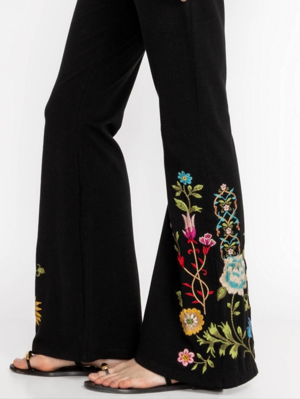Johnny Was Black Wide-Leg Pants with Multicolor Floral Embroidery